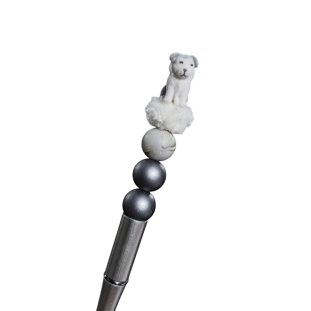 Dog Puppy Beaded Ballpoint Twist Pen Metallic Silver White Topper